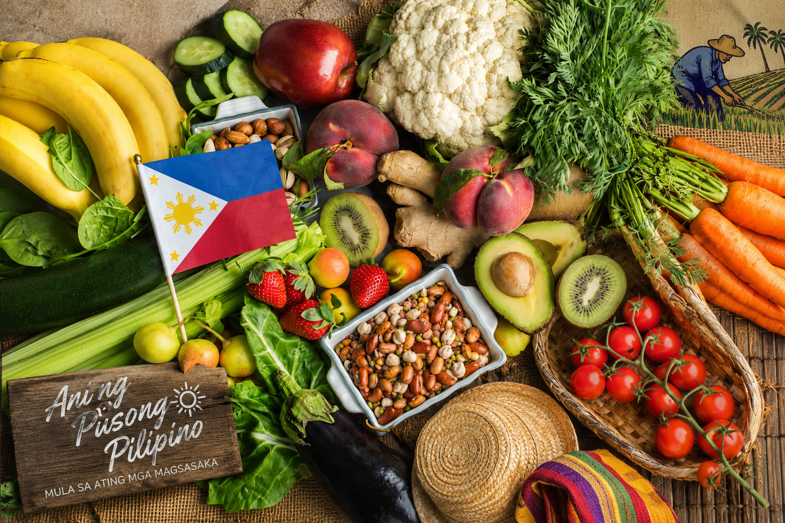fresh low-carb vegetables, fruits, and healthy whole foods arranged with Filipino farmer elements, bamboo textures, and a Philippine flag symbolizing local agriculture and sustainable healthy eating in the Philippines