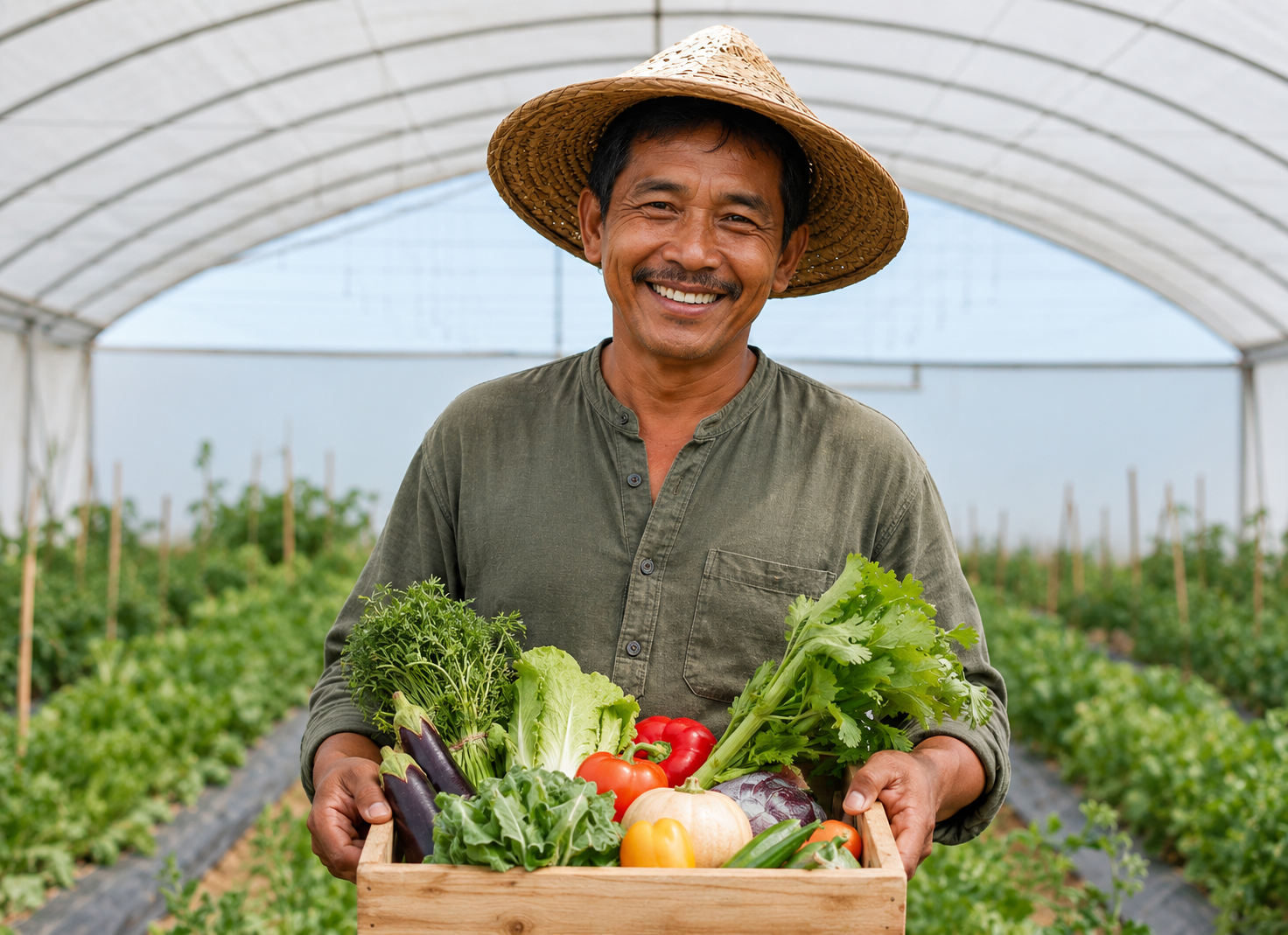 Filipino farmer smiling while holding a wooden crate of fresh vegetables inside a greenhouse, representing local farming, sustainable agriculture, and healthy food production in the Philippines.