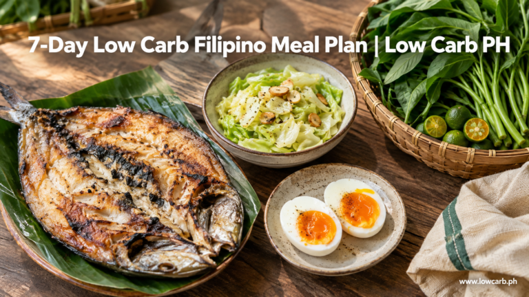A palengke-style Filipino breakfast plate of grilled bangus, sauteed cabbage, and eggs representing a 7-day low carb Filipino meal plan.