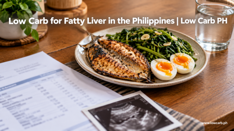 A Filipino low carb plate of grilled fish, vegetables, and eggs beside a blurred lab report and ultrasound printout, with no rice or sugary drinks in sight.